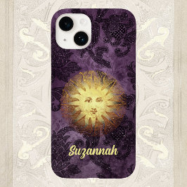 Funda Para iPhone 14 De Case-Mate Mysage vintage Sun Face en Purple Faux Brocade