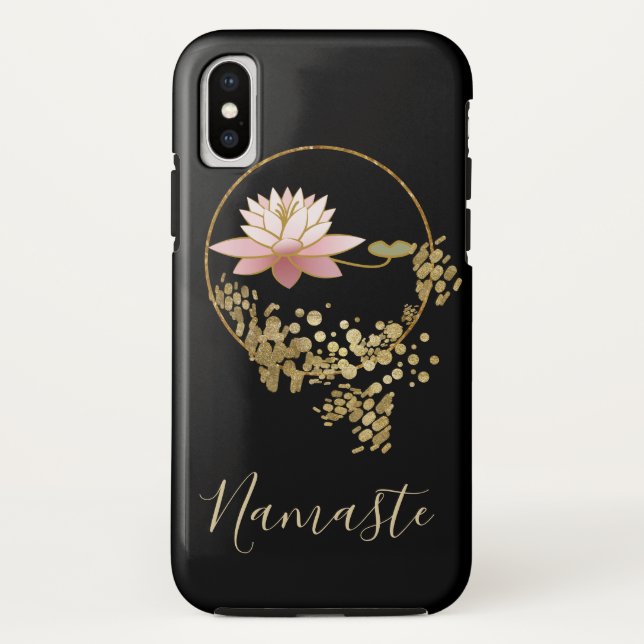Funda De Case-Mate Para iPhone *~* Namaste Lotus Gold Purpurina Black Girly Zen (Reverso)