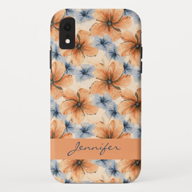 Funda De Case-Mate Para iPhone Naranja acuarela y floral azul (Reverso)