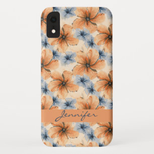 Funda Para iPhone XR Naranja acuarela y floral azul