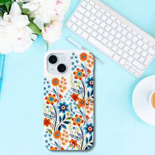 Funda Para iPhone 15 Naranja Amarillo Azul Verde Floral Retro Vintage