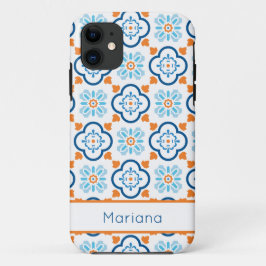Funda Para iPhone 11 Naranja azul de azulejos y blanco personalizado