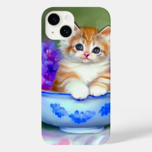 Funda Para iPhone 14 De Case-Mate Naranja de época y Ilustracion de gatito blanco