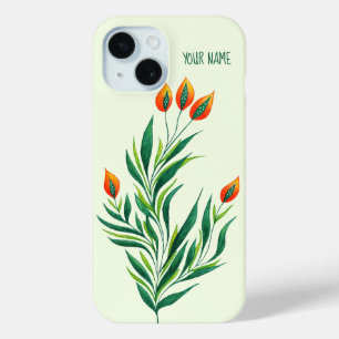Funda Para iPhone 15 Naranja de la planta verde Buds Resumen Nombre bot