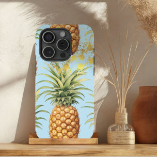 Funda Para iPhone 15 Naranja de moda, fruta de piña azul pastel y dorad