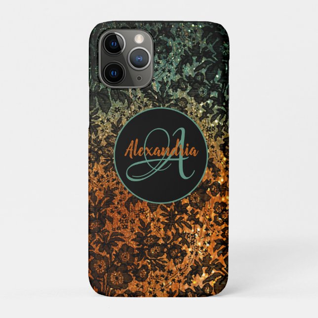 Funda De Case-Mate Para iPhone Naranja elegante y monograma floral negro verde (Reverso)
