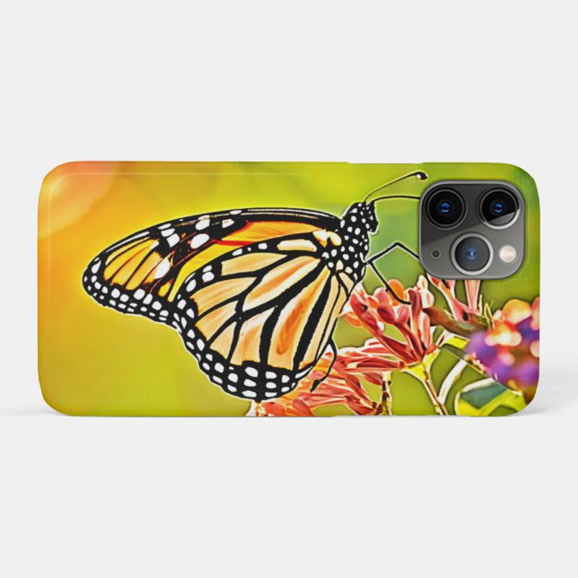 Funda De Case-Mate Para iPhone Naranja mariposa en diseño de flores rosadas (Reverso (horizontal))