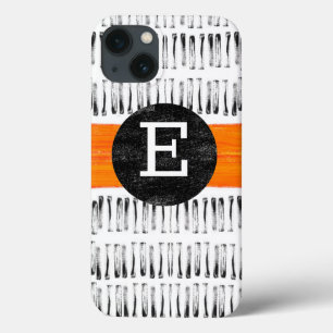 Funda Para iPhone 13 naranja monograma arte de patrón blanco y gris