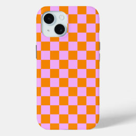 Funda Para iPhone 15 Naranja + Patrón de tablero de cheques rosados