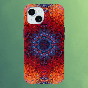 Funda Para iPhone 15 Naranja rojo Mandala digital y azul