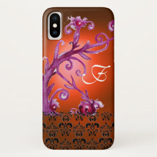 FUNDA PARA iPhone X NARANJA ROJO PINCHAZAS,MONOGRAMA DE DAMASCA FLORAL
