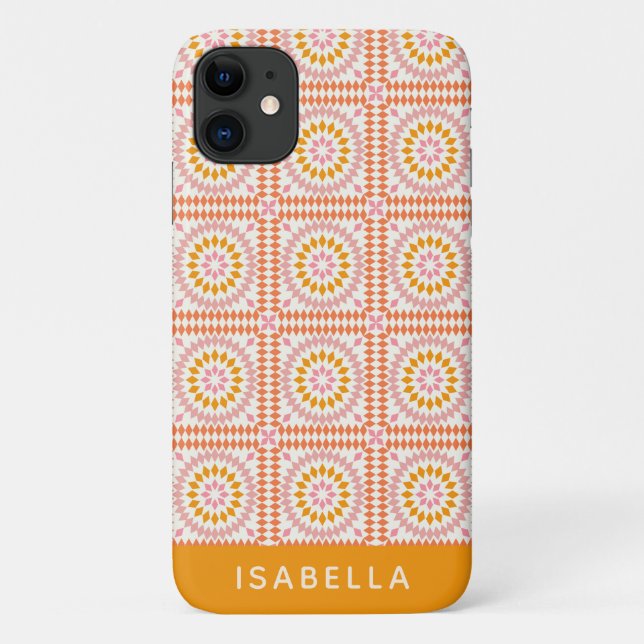 Funda De Case-Mate Para iPhone Naranja rosa de mosaicos de época personalizado (Reverso)