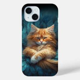 Funda Para iPhone 15 Naranja Tabby Kitten en cama de plumas azules