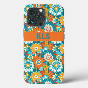Funda Para iPhone 13 Pro Naranja Verde azulado Retro Groovy Monograma flora