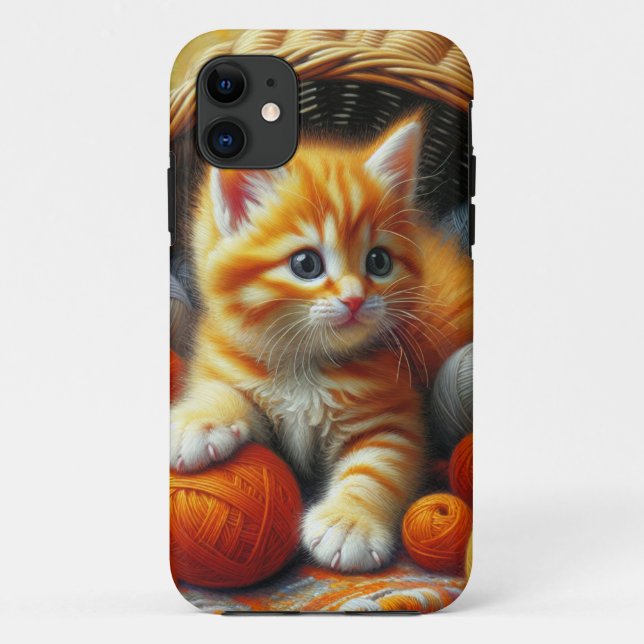 Funda De Case-Mate Para iPhone Naranja y gatito blanco jugando en yarn (Reverso)