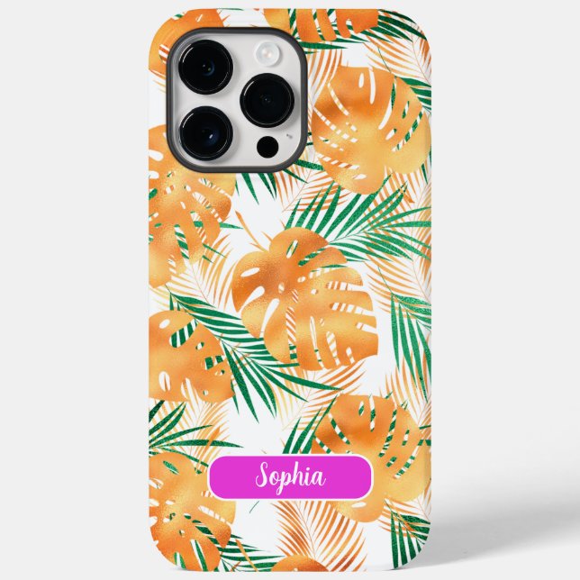 Funda De Case-Mate Para iPhone Naranja y hojas tropicales verdes, nombre del guió (Reverso )