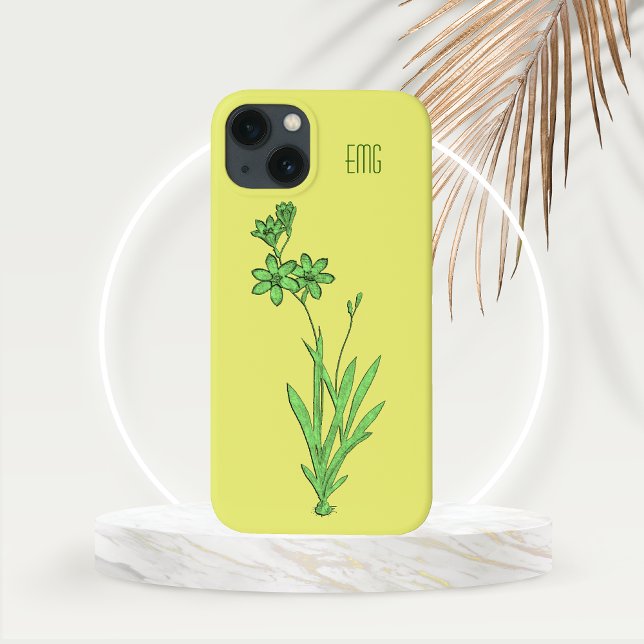 Funda De Case-Mate Para iPhone Narciso salvaje en verde (Wild Narcissus in Green on a Yellow Background with Customizable Monogram Phone Case)