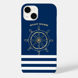 Funda Para iPhone 14 De Case-Mate Náutica,Rueda de barco de oro, franjas azules de l