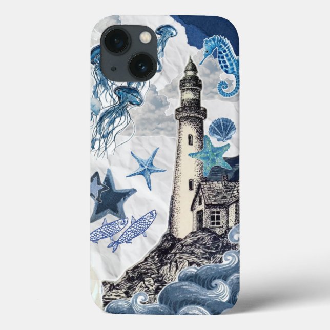 Funda De Case-Mate Para iPhone Nautical Coastal Collage: Lighthouse & Sea Life Ed (Reverso)