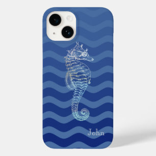 Funda Para iPhone 14 De Case-Mate Nautical Navy Blue Stripe Waves Seahorse