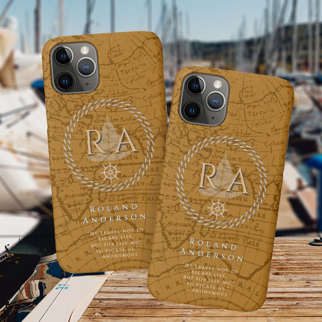 Funda De Case-Mate Para iPhone Nautical Rope Monogram Map Brown (Nautical Map Monogram Traveller Brown iPhone Case.)