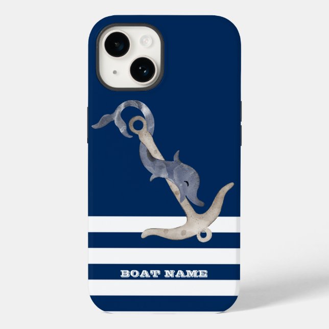 Funda De Case-Mate Para iPhone Náutico, Ancla Delfín Azul Marino Rayado (Reverso )