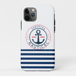 Funda Para iPhone 11 Pro Náutico, Nombre del barco, Ancla Rayas Azul Marino