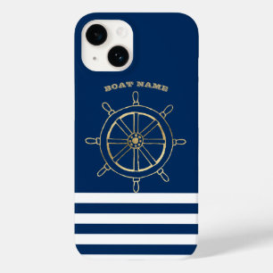 Funda Para iPhone 14 De Case-Mate Náutico, Rueda de Barco Dorada, Rayas Azules Marin