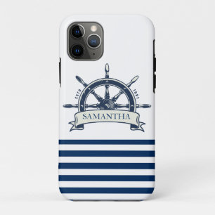 Funda Para iPhone 11 Pro Náutico, Timón de Barco, Rayas Blancas y Azules Ma