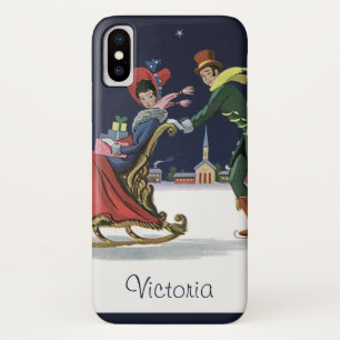 Funda Para iPhone X Navidad vintage, pareja enamorada patinando hielo
