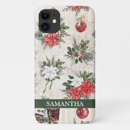 Funda Para iPhone 11 Navidades clásicos de algodón de poinsettia rojo y