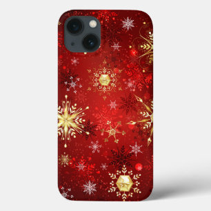 Funda Para iPhone 13 Navidades Copos de nieve dorados con fondo rojo