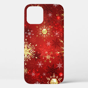 Funda Para iPhone 12 Pro Navidades Copos de nieve dorados con fondo rojo