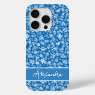 Funda Para iPhone 15 Pro Navidades Copos de nieve Nombre blanco azul Person