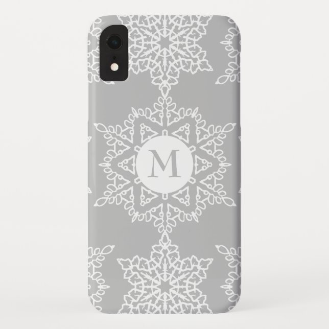 Funda De Case-Mate Para iPhone Navidades de copos de nieve gris plateado Monogram (Reverso)