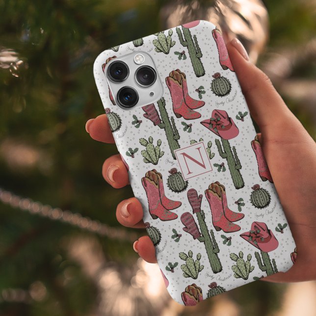 Funda De Case-Mate Para iPhone Navidades de país rojos y verdes ("Howdy Christmas" Country Christmas Cowgirl Boots, Hats, Mittens & Cactus. Hand-Drawn in Black Ink.)