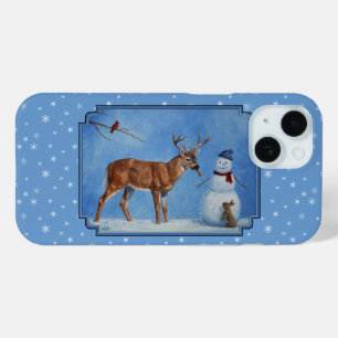Funda Para iPhone 15 Navidades de venado y snowman con copos de nieve