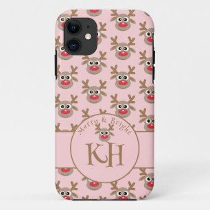 Funda Para iPhone 11 Navidades Monograma Patrón de reno rosado