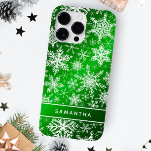 Funda Para iPhone 14 Pro Max De Case-Mate Navidades Monogramados Copos de nieve blancos verd