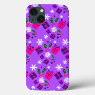 Funda Para iPhone 13 navidades morados copos de nieve holly