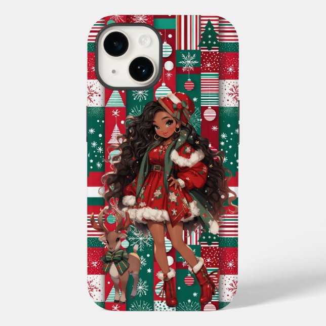 Funda De Case-Mate Para iPhone Navidades retro Chica y reno (Reverso )