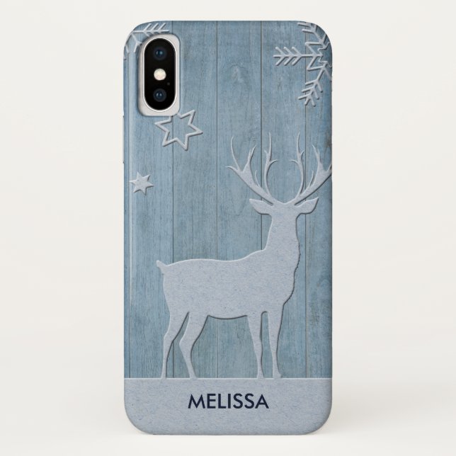 Funda De Case-Mate Para iPhone Navidades Rústicos De Los Renos De Madera Azul (Reverso)