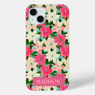 Funda Para iPhone 15 Mini Navidades Verde azulados de Poinsettia Rosa