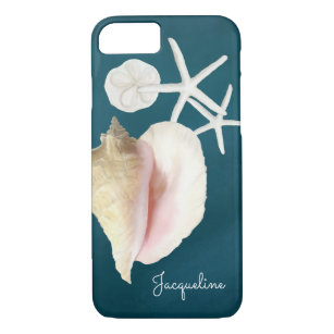 Funda Para iPhone 8/7 Navy Blue Seashell Modern Beach Conch Starfish