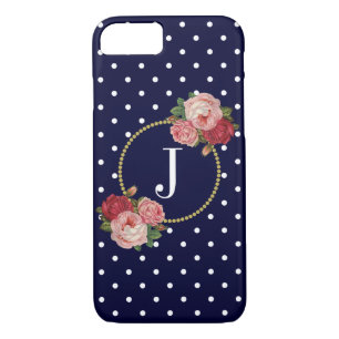 Funda Para iPhone 8/7 Navy Polka Dots Vintage Moda Floral Monograma