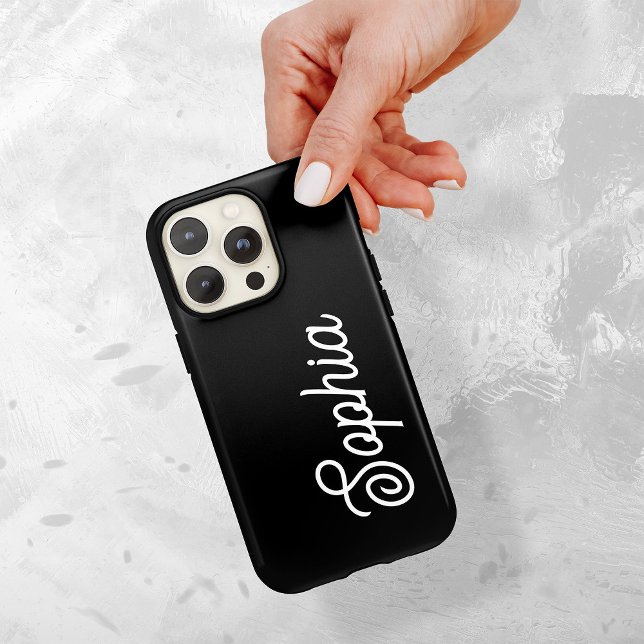 Funda De Case-Mate Para iPhone Negra | Su nombre en guión retro (A bold, statement making phone case on a dark black background, with your name in retro white script)