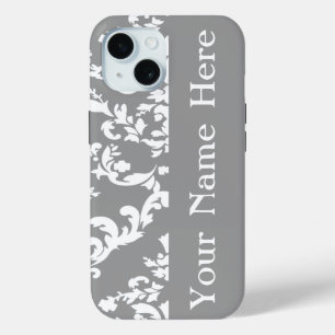 Funda Para iPhone 15 Negrita gris Damasco con nombre @ Emporiomoffa
