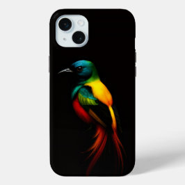 Funda Para iPhone 15 Mini Negro 4 Lujo, cola arco iris, pájaro tropical