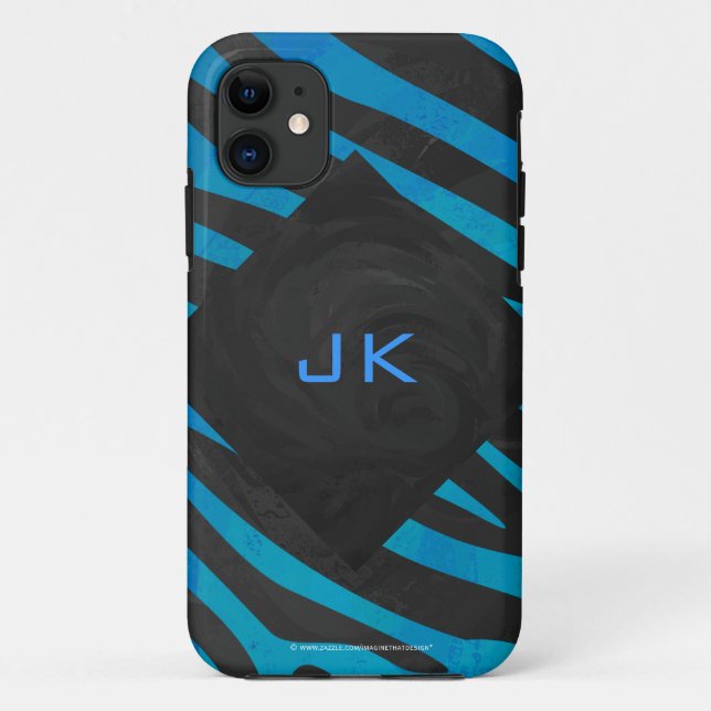 Funda De Case-Mate Para iPhone Negro cebra y azul con monograma (Reverso)