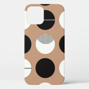 Funda Para iPhone 12 Negro, círculos blancos, fondo marrón.